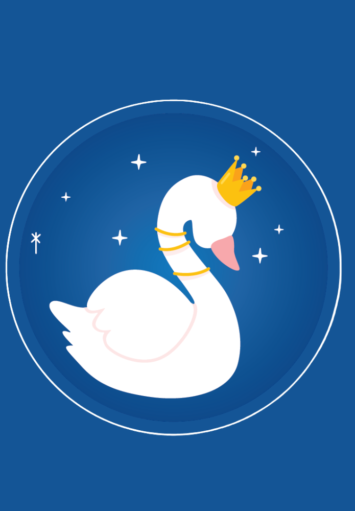 Ilustração de um cisne com uma coroa no topo da cabeça, com fundo totalmente azul, um circulo em destaque, e detalhes de estrelas para compor a ilustração. Pertencem ao livro De Frente Para O Amor da Autora Emely Luiza Curcio